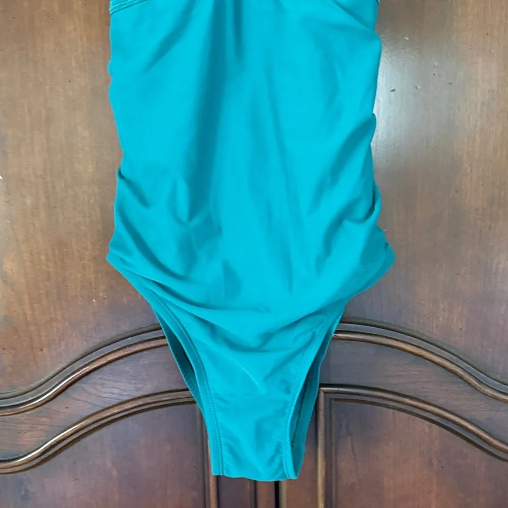 Kona Sol Teal One Piece Swimsuit Plunge V Neck Ruched Medium Coverage